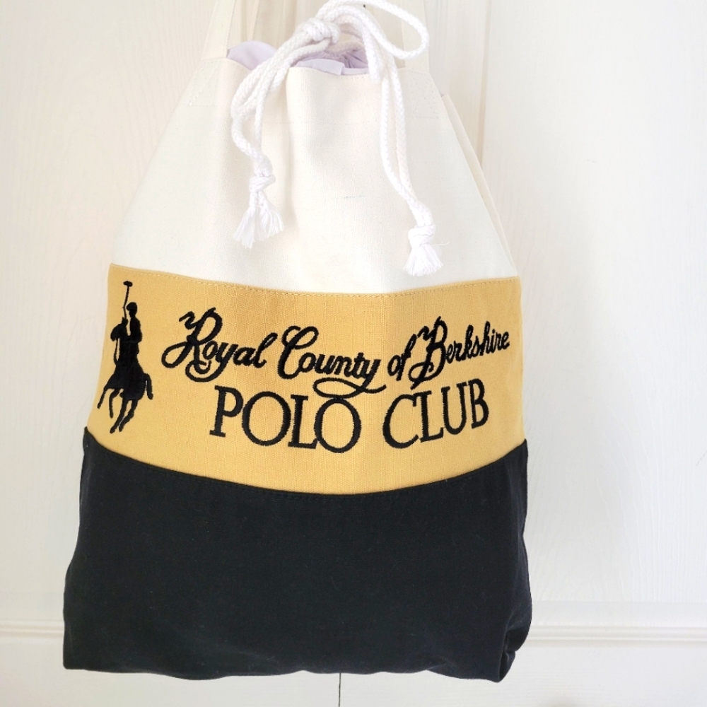 POLO CLUB Drawstring Black and Tan Canvas Bag EUC